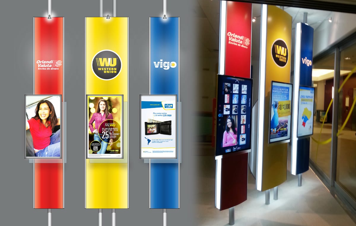 Three rival money transfer brands standing as lit towers in the same store aisle