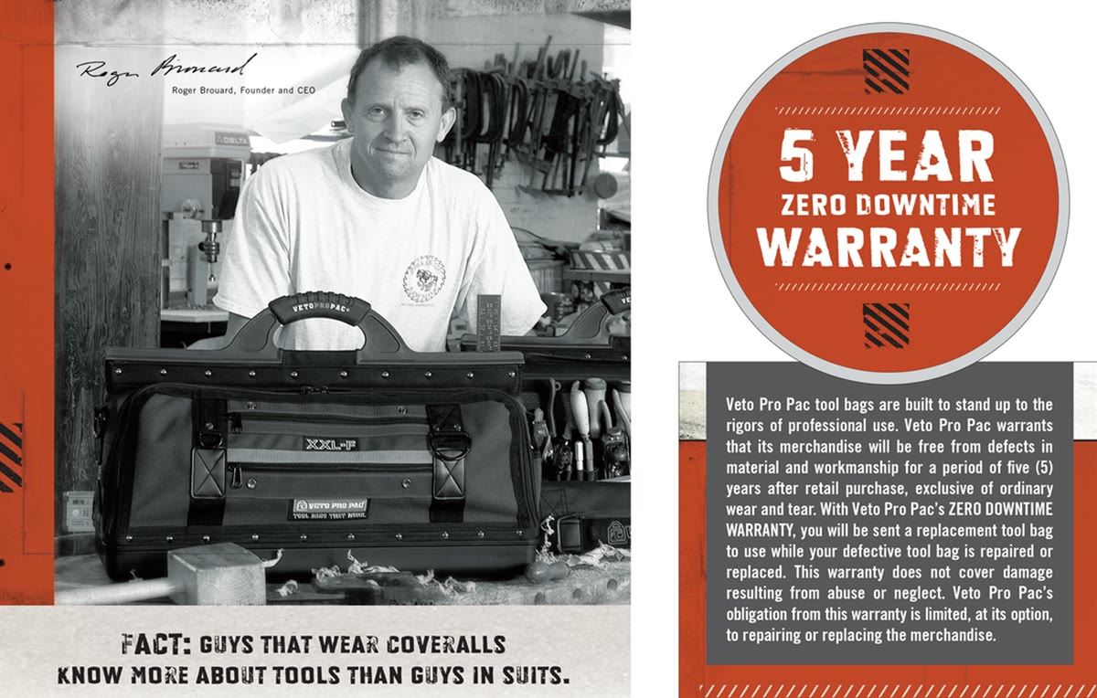 A Veto Pro Pac page carrying the founder, a five year zero downtime seal and the line that guys who wear coveralls know more about tools than guys in suits