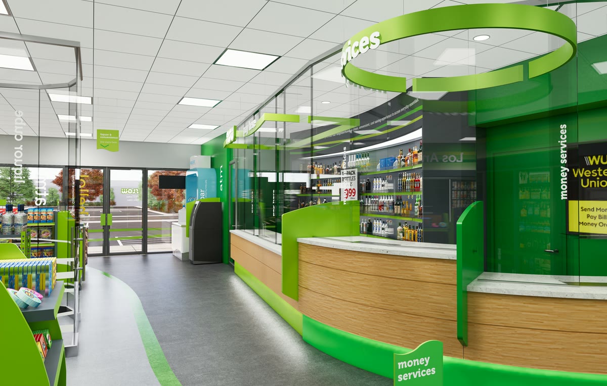 Inside a FLOW store, looking along the money services counter to the entrance